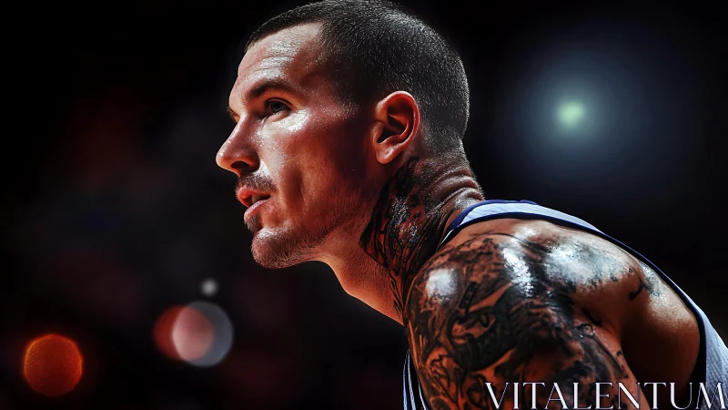 Tattooed basketball player under dramatic arena lights.