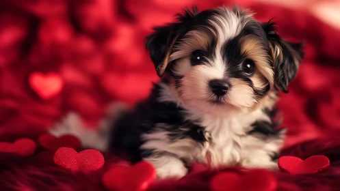Puppy rests on red hearts under soft romantic lighting.