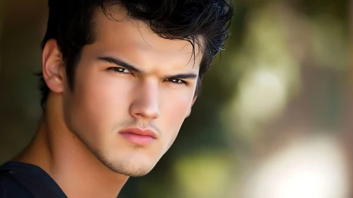 Intense male portrait with sharp focus and soft bokeh background.