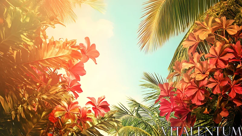 Sunlit tropical blossoms glowing under a dreamy sky.