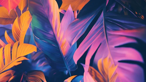 Tropical foliage in multicolored gradient illumination.