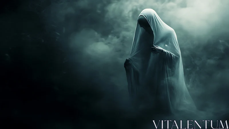 Shrouded ghostly figure standing alone in dense green fog.