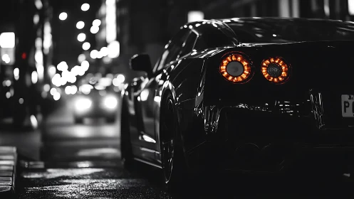 Rear performance coupe in nocturnal urban bokeh environment.