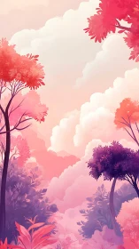 Chromatic Forest Landscape with Gradient Clouds and Layered Flora