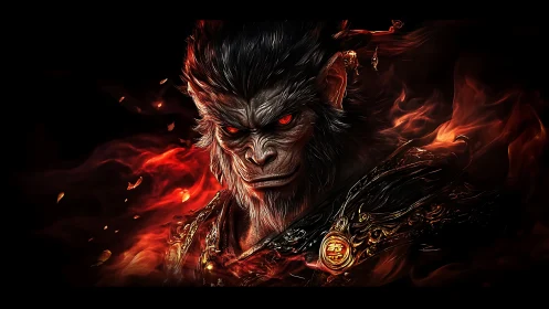 Fiery simian warlord rendered in detailed digital painting