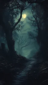 Digital painting of a moonlit haunted forest path composition.