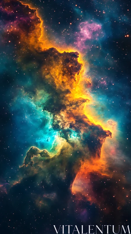 Radiant cosmic nebula glows in vivid teal, gold and violet