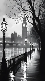 Rain-soaked London riverside glows beneath lamplit mist.