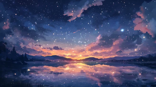 Starlit twilight sky reflects over calm mountain lake horizon