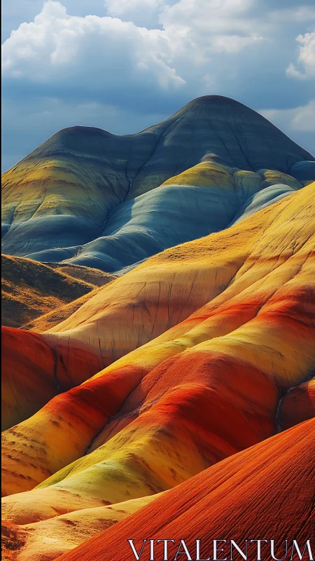 Layered rainbow hills under dramatic stormlit sky.