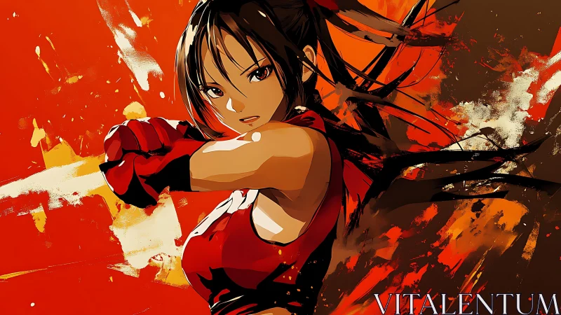 Confident anime fighter framed in bold red energy strokes.