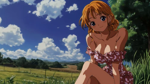 Summer meadow anime portrait under expansive cloudscape.