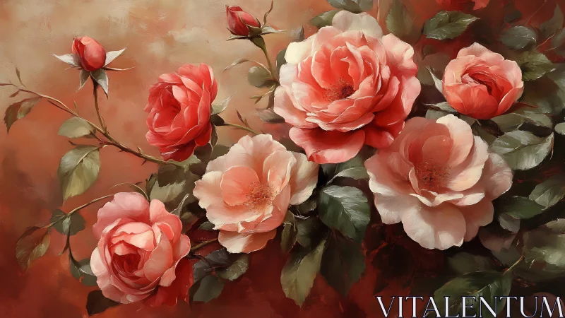 Vintage Oil Rendering: Garden Roses in Coral and Cream Tones