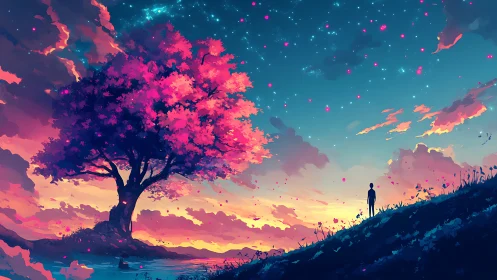 Starlit dreamscape reveals a lone figure beneath a glowing tree
