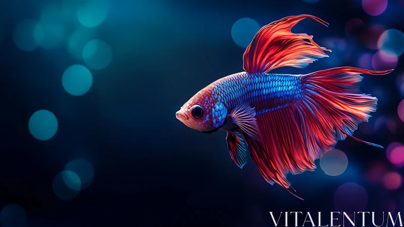 Betta fish glows against neon bokeh aquarium backdrop.