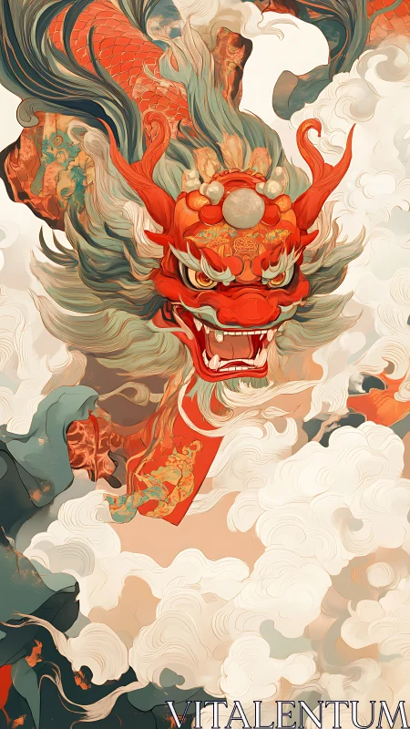 Red dragon head emerges among stylized clouds in profile