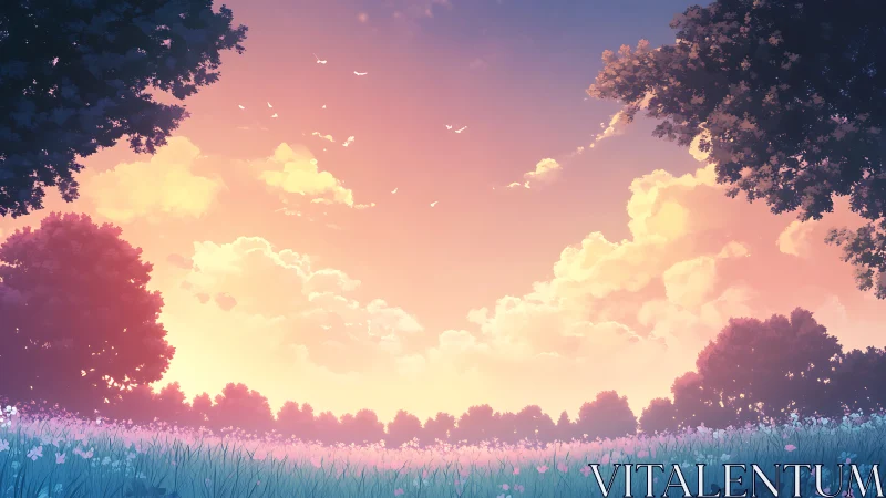 Soft sunrise over a peaceful flower meadow and quiet trees.