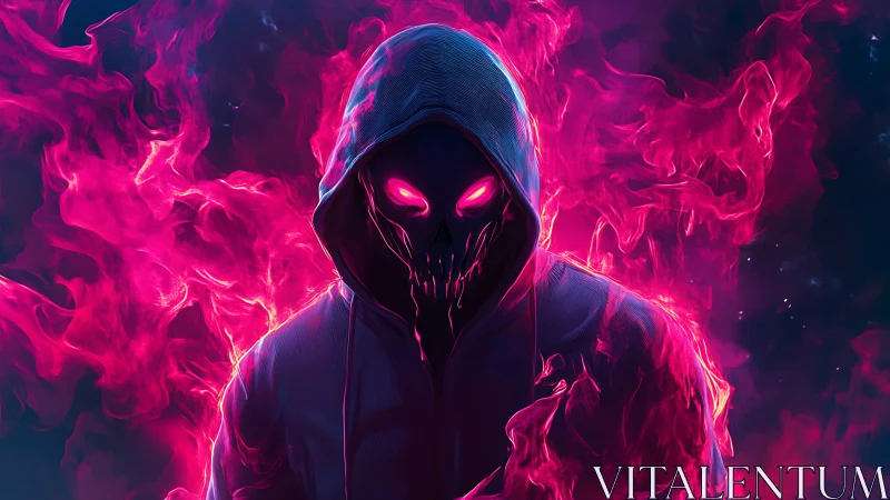 Neon wraith in a hood stalks through ultraviolet embers.