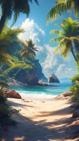 Tropical Coastal Cove: Palm-Framed Beach with Rock Formations