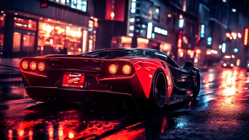 Red hypercar in neon-soaked rainy cyberpunk city street scene.