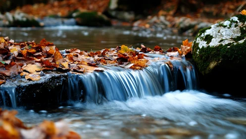 Long-exposure autumn stream captures silky water over leaf-covered rock