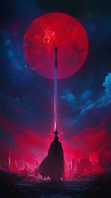 Crimson eclipse backlights cloaked warrior under vertically aligned greatsword