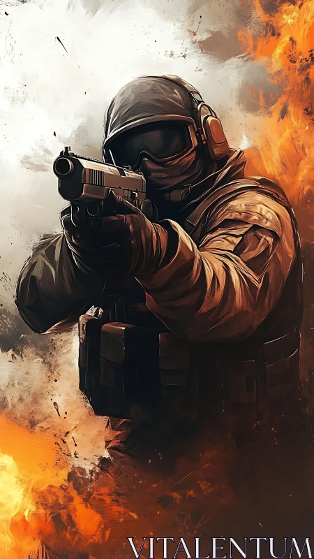 Tactical operator with sidearm framed by combustion plumes.