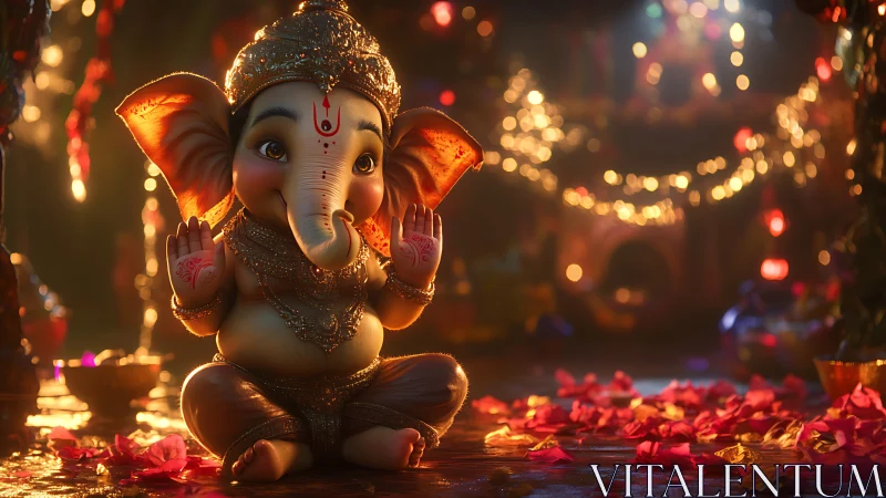 3D chibi Ganesha idol in festive bokeh-lit devotional setting.