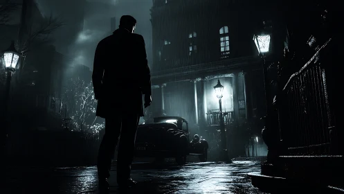 Shadowed detective crossing rain-slicked city street at night.