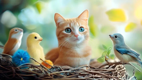 Orange and White Cat with Birds in Nest.