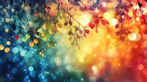 Bokeh-drenched autumn canopy in luminous digital painting.