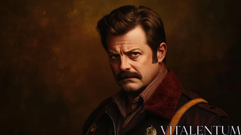 Weathered sheriff’s steady gaze in warm rustic light.