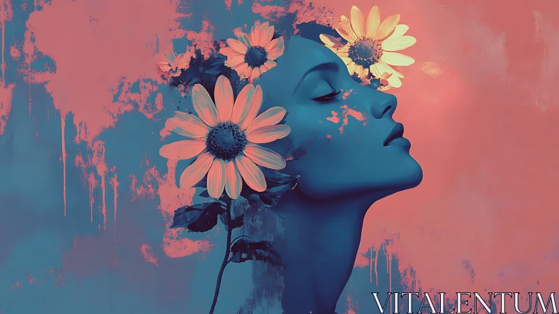 Midnight bloom muse in sunrise coral dreamscape.