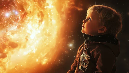 Young dreamer gazes softly into a glowing golden galaxy
