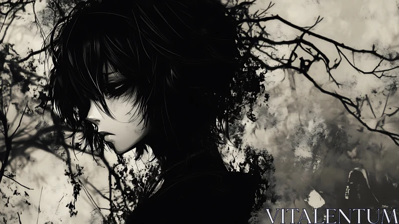 Somber anime figure in monochrome forest setting.