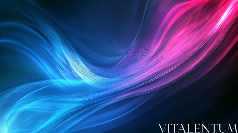 Neon blue and pink light waves on dark abstract background.