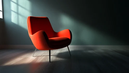 Cozy red lounge chair basking in a quiet afternoon glow.