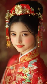 Portrait of woman in ornate traditional red ceremonial attire.