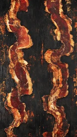 Crisp bacon rivers flow over charcoal-black breakfast canvas.