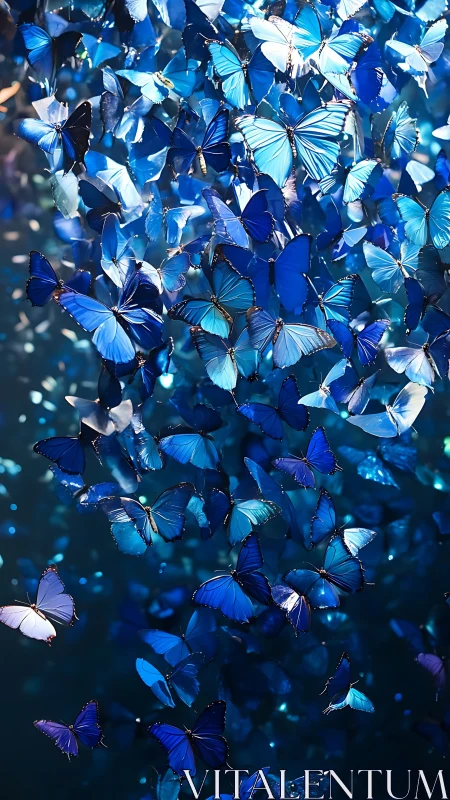 Photorealistic vertical swarm of luminous blue butterflies.