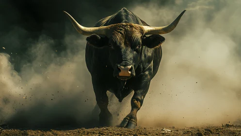 Charging bull emerging from swirling dust clouds at speed.