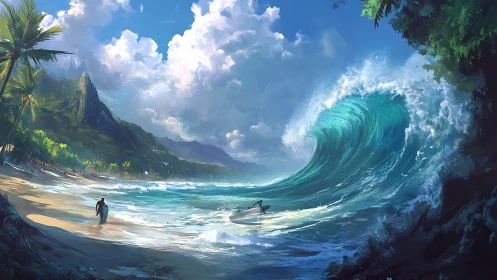 Colossal turquoise wave curling toward sunlit tropical shore.