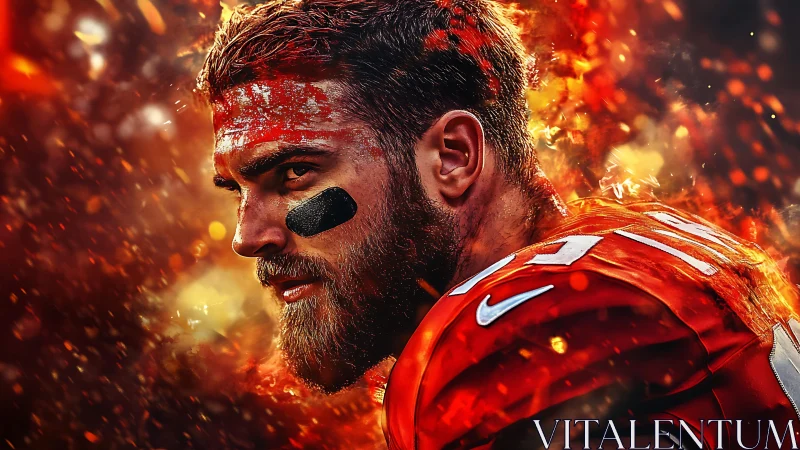Digital painting of intense football player in fiery bokeh field.