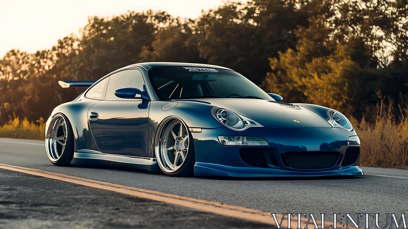 Midnight blue widebody sports car on sunset backroad.