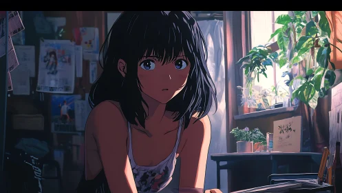 Sunlit anime girl in intimate studio interior, soft backlight.