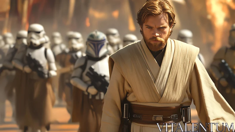 Jedi commander leading armored troopers through fiery battlefield.