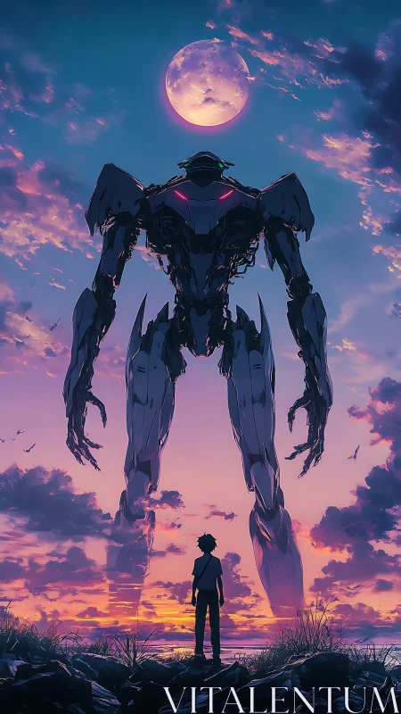 Backlit mecha silhouette towers over lone youth at dusk sky