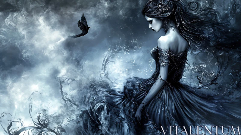 Ethereal raven maiden adrift in swirling lunar mist.