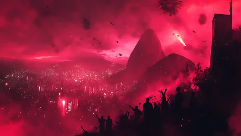 Neon red crowd watches a futuristic city ignite under flares