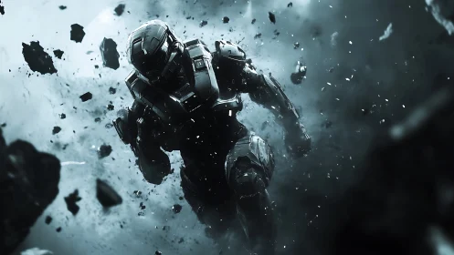 Armored space soldier strides through chaotic debris field